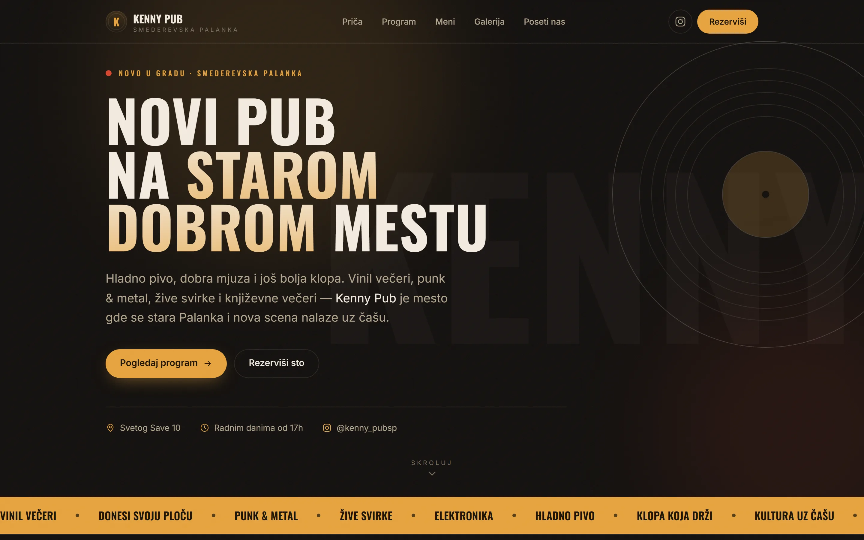Kenny Pub sajt — naslovni kadar sa hero sekcijom