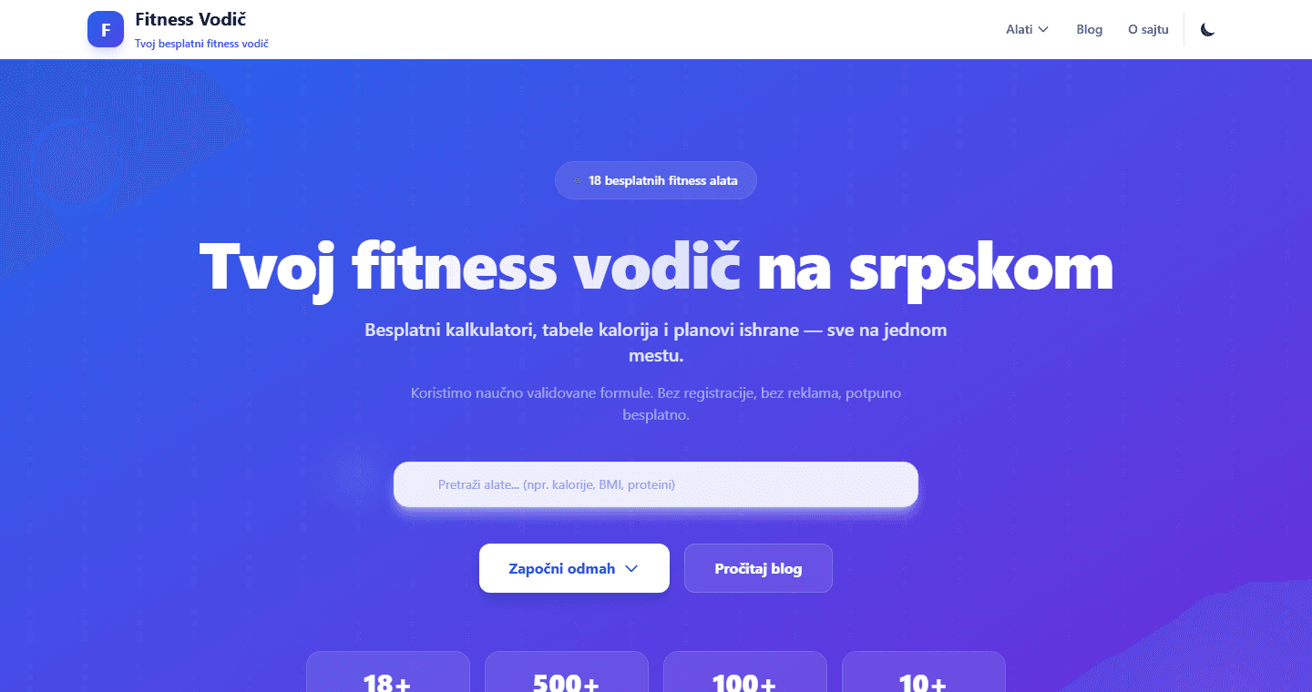 Fitness Vodič — naslovna strana sa pretragom fitnes alata