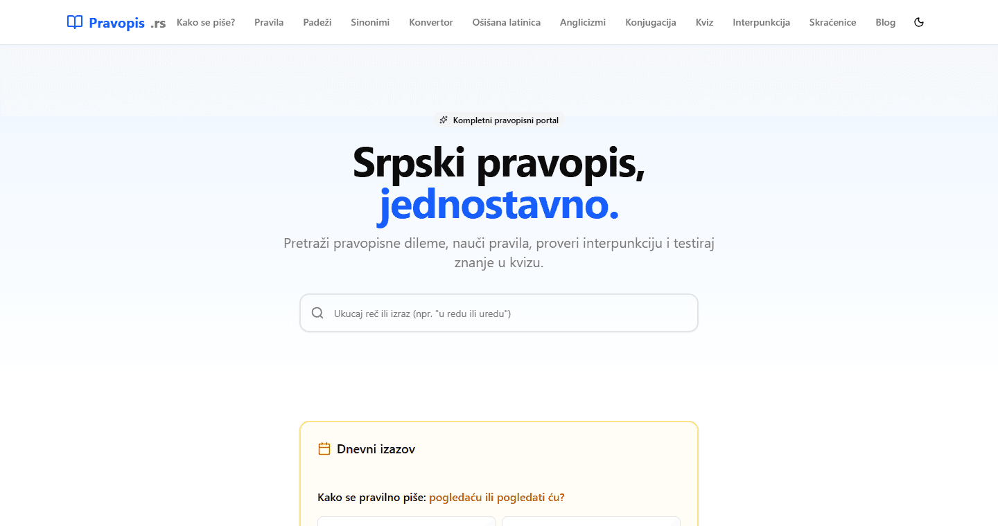 Pravopis.rs — naslovna strana sa pretragom pravopisnih nedoumica